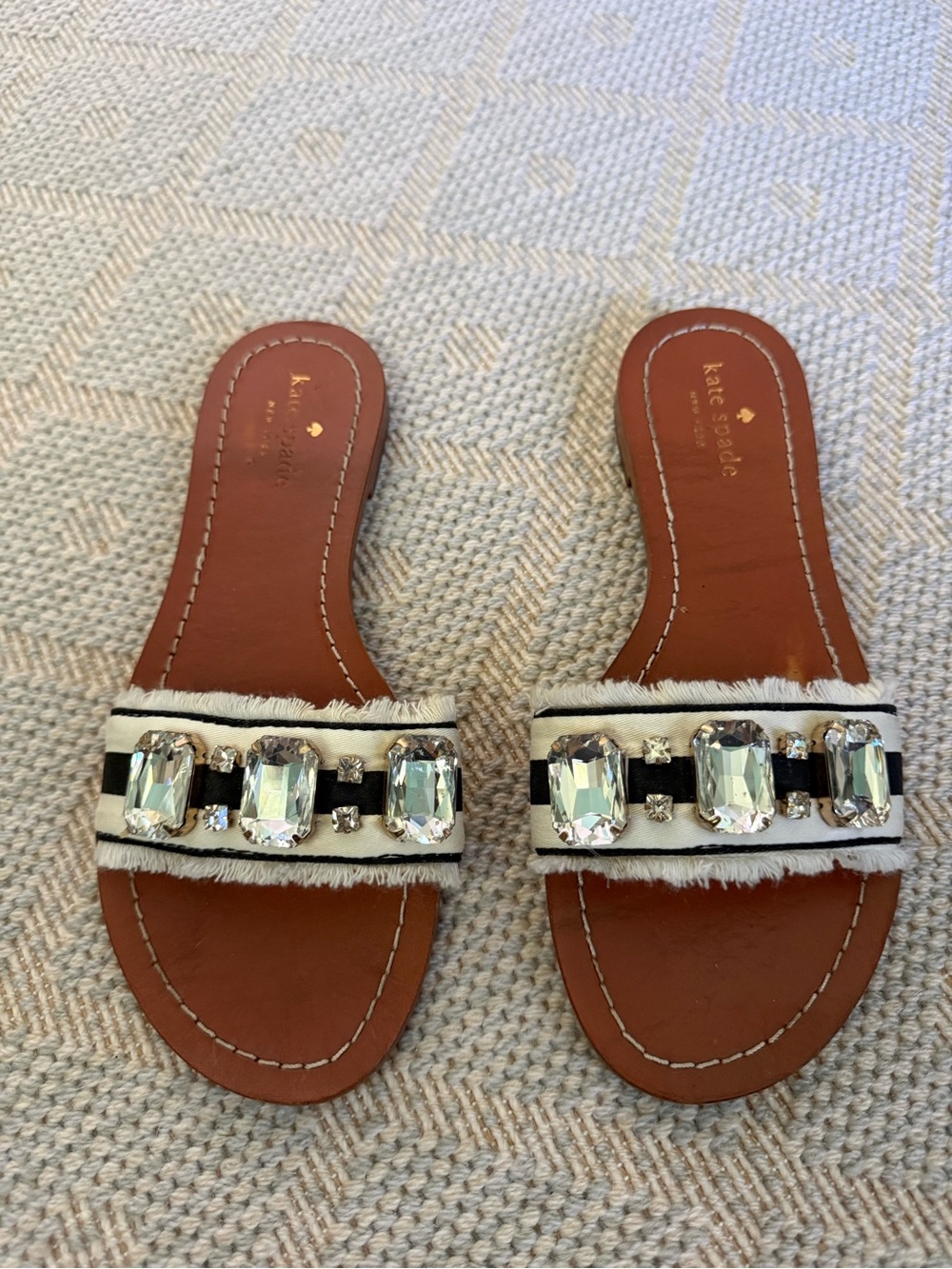 kate spade White Crystal-Embellished Slide Sandals with Black Stripe Detail